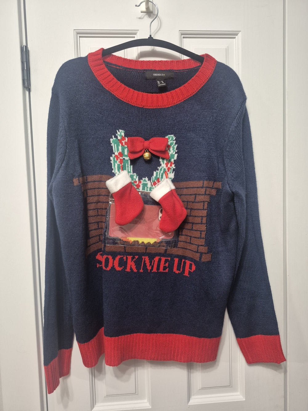 Women’s Navy & Red Holiday Sweater with Festive Stocking Detail